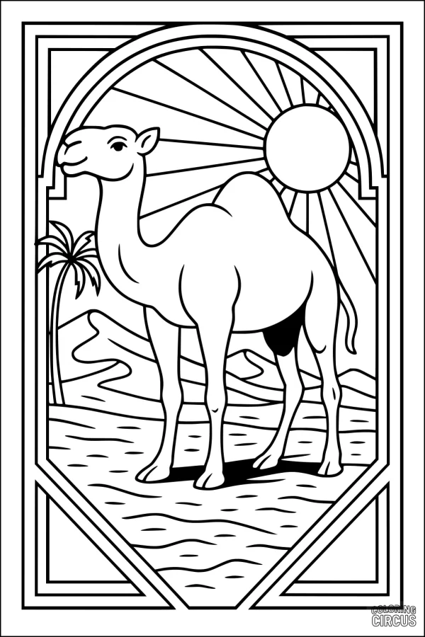 Coloring page showing a camel standing in a desert with a palm tree, sun, and sand dunes in the background.