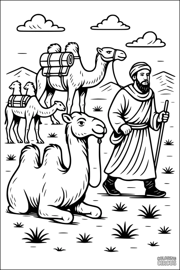 Coloring page featuring camels, a traveler, and desert scenery