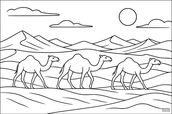 Coloring page featuring three camels walking across a desert landscape with sand dunes, mountains, sun, and clouds.