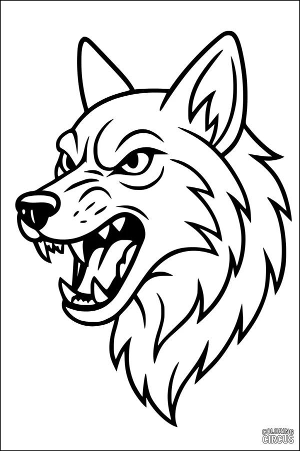 Coloring page of a detailed coyote head with open mouth and expressive features