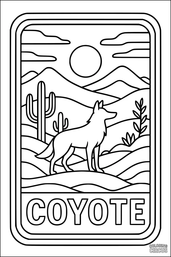 Coloring page features a coyote in a desert landscape with mountains, cacti, and a sunrise