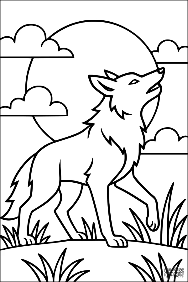 Coloring page of a coyote howling at the moon with grassy hills and clouds in the background
