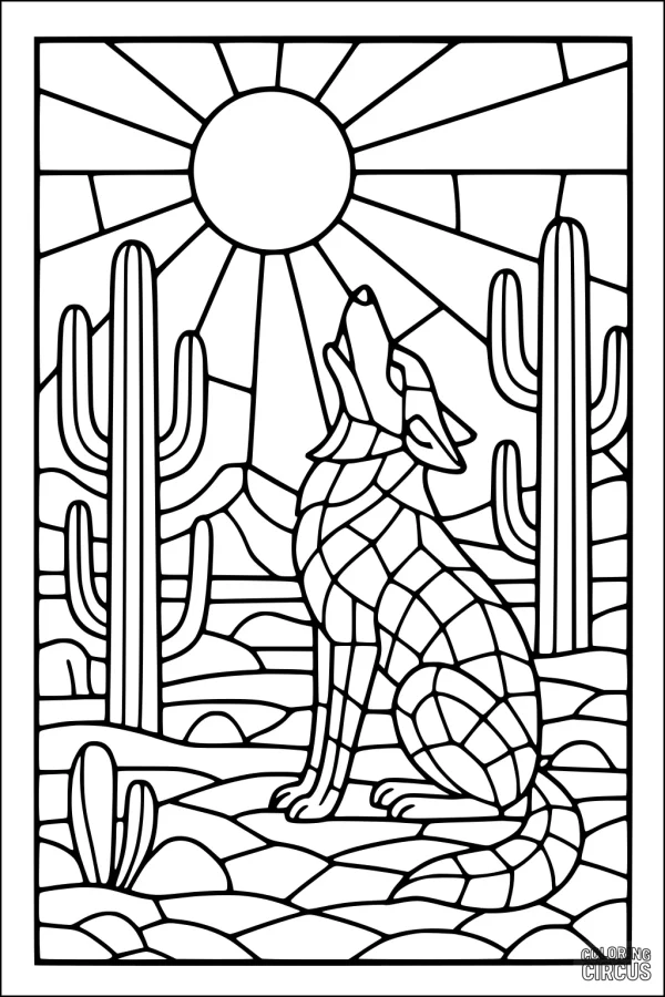 Coloring page of howling coyote with cacti and sun in mosaic style desert scene