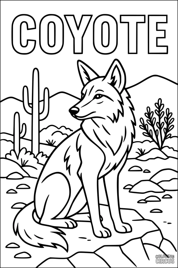Coloring page of a coyote sitting on a rock in a desert landscape with cacti and mountains in the background