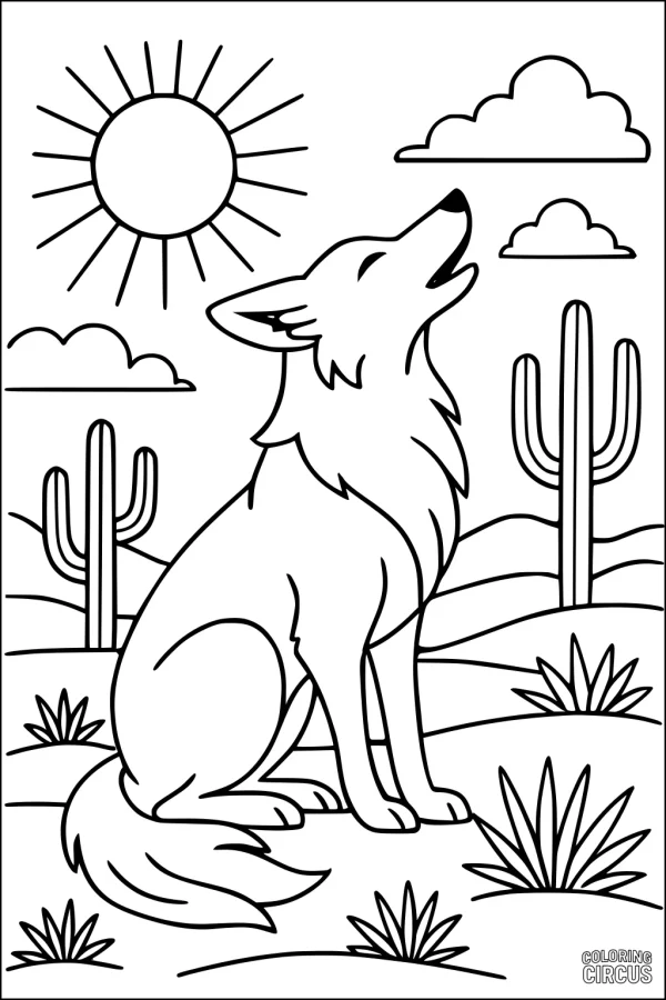 Coloring page of a coyote howling in a sunny desert landscape with cacti and clouds