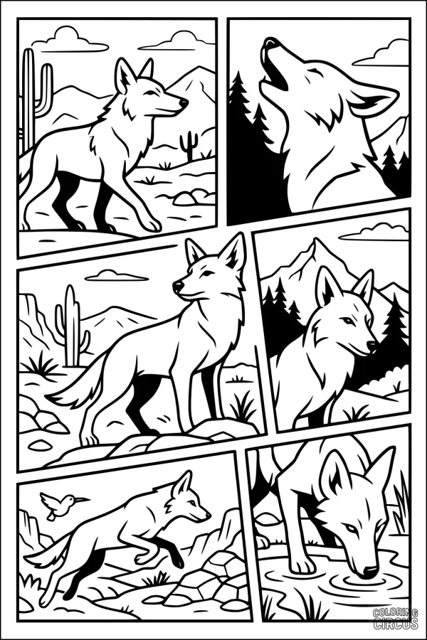 Coloring page featuring multiple coyote scenes in a desert landscape with mountains, cacti, and a running coyote.