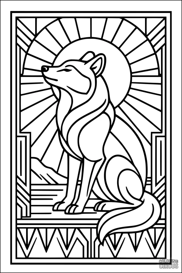 Coloring page featuring a stylized coyote sitting against a sunburst and desert mountains, framed by geometric patterns.