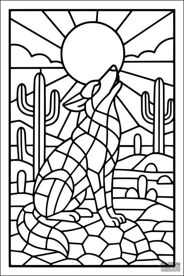 Coloring page of a coyote howling at sunrise in a desert landscape with cacti and hills