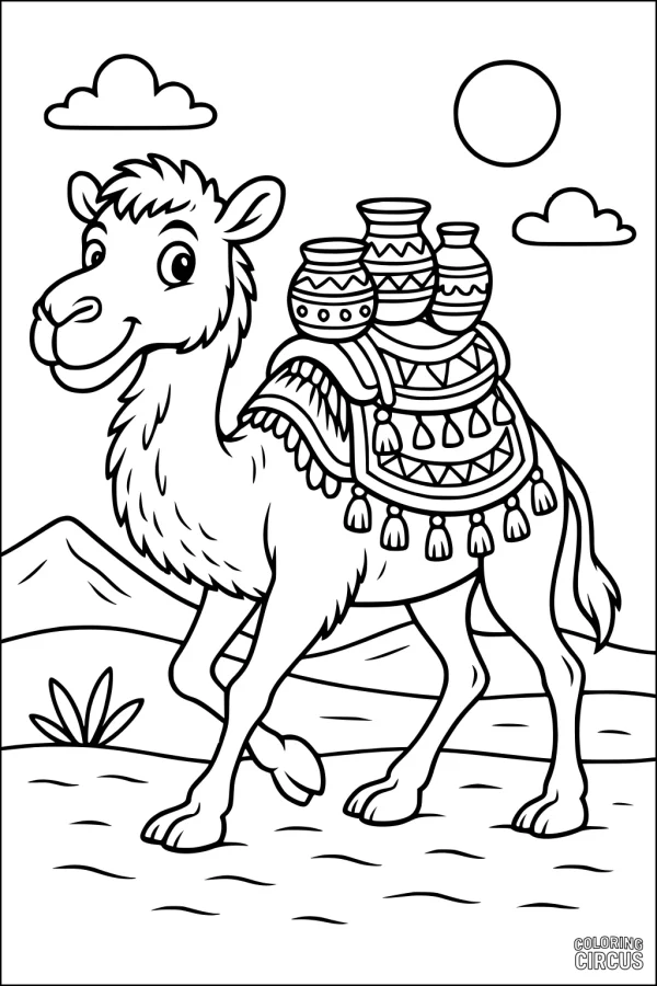 Coloring page showing a smiling camel carrying decorative jars in a desert