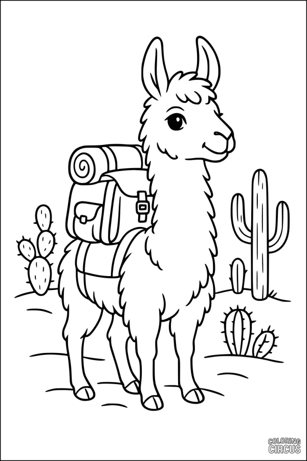 Coloring page of a cartoon llama with backpack and blanket in a cactus desert scene