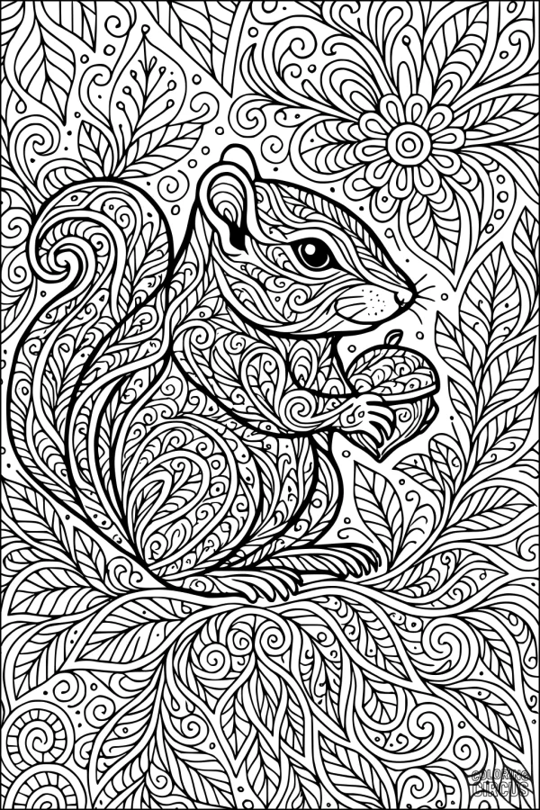 Coloring page featuring a detailed chipmunk surrounded by intricate leaves and flowers