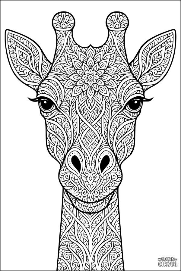 Coloring page featuring an intricately patterned giraffe face with floral and geometric designs