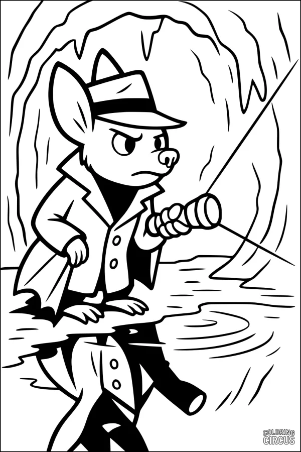 Coloring page of a cartoon bat dressed as a detective exploring a cave with a flashlight
