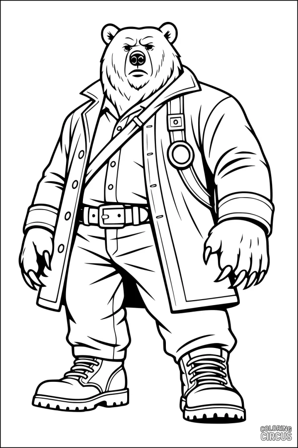 Coloring page of a bear dressed as a detective wearing a coat and boots