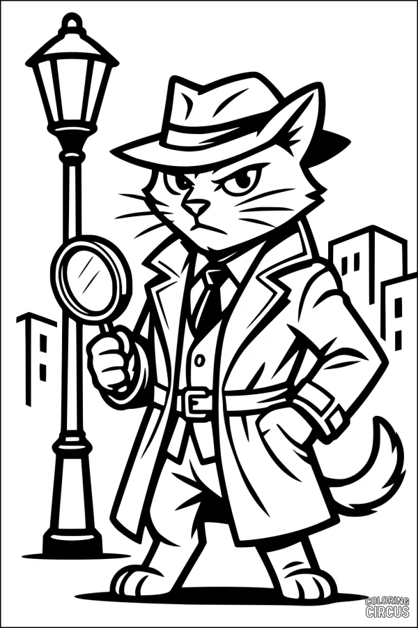 Coloring page shows a detective cat in trench coat and hat, holding magnifying glass under streetlamp