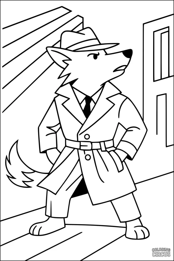 Coloring page featuring a cartoon coyote in a detective outfit standing in a city street scene