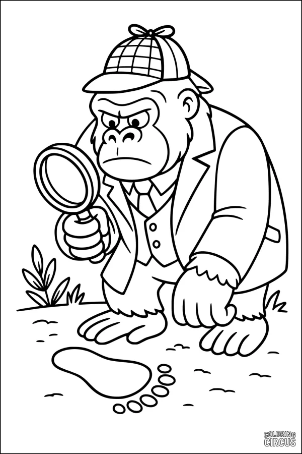 Coloring page of a gorilla in detective clothes examining a footprint with a magnifying glass