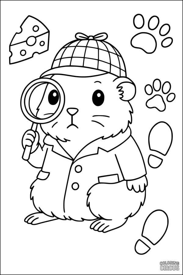 Coloring page showing a cartoon guinea pig dressed as a detective with a magnifying glass, cheese slice, paw prints, and footprints