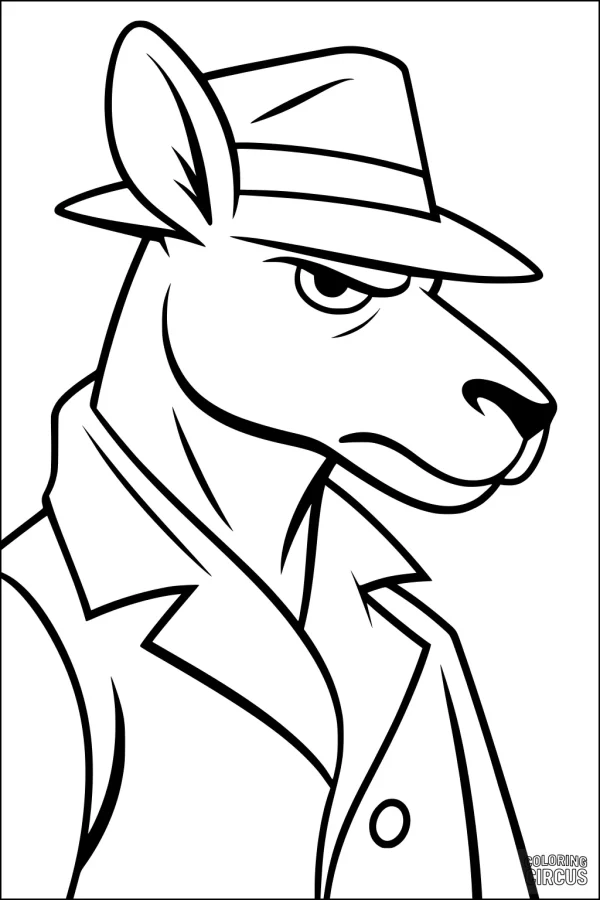 Coloring page featuring a kangaroo wearing a detective hat and coat, suitable for kids