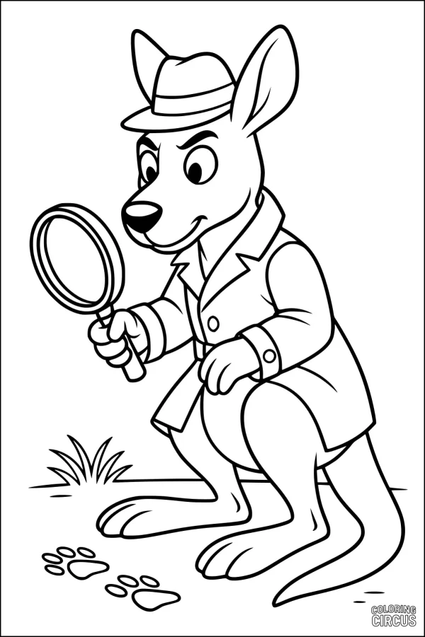 Coloring page of cartoon kangaroo dressed as a detective with magnifying glass following paw prints