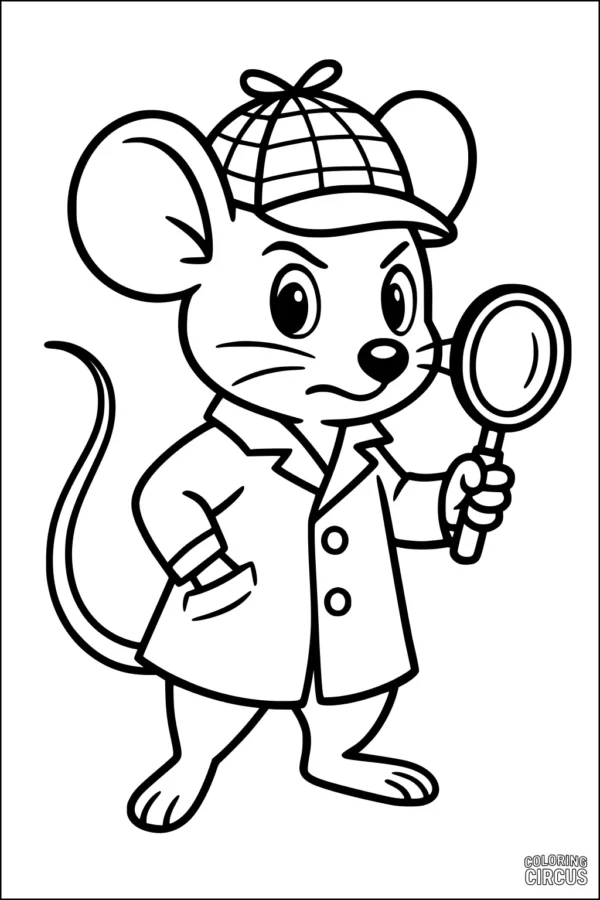 Coloring page of a cute detective mouse in a coat and hat holding a magnifying glass
