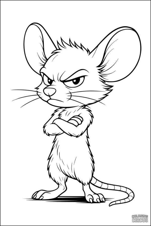 Coloring page of a determined cartoon mouse with arms crossed and a confident expression
