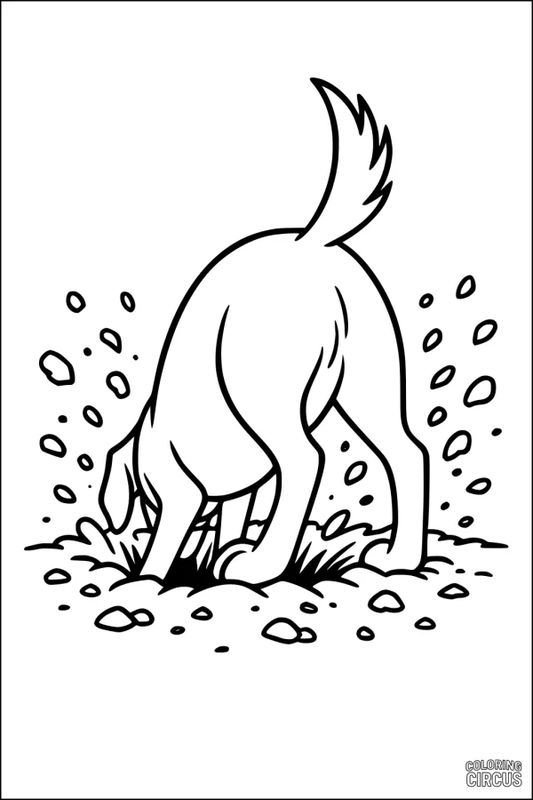 Coloring page showing a dog digging in the ground with dirt and rocks flying around.