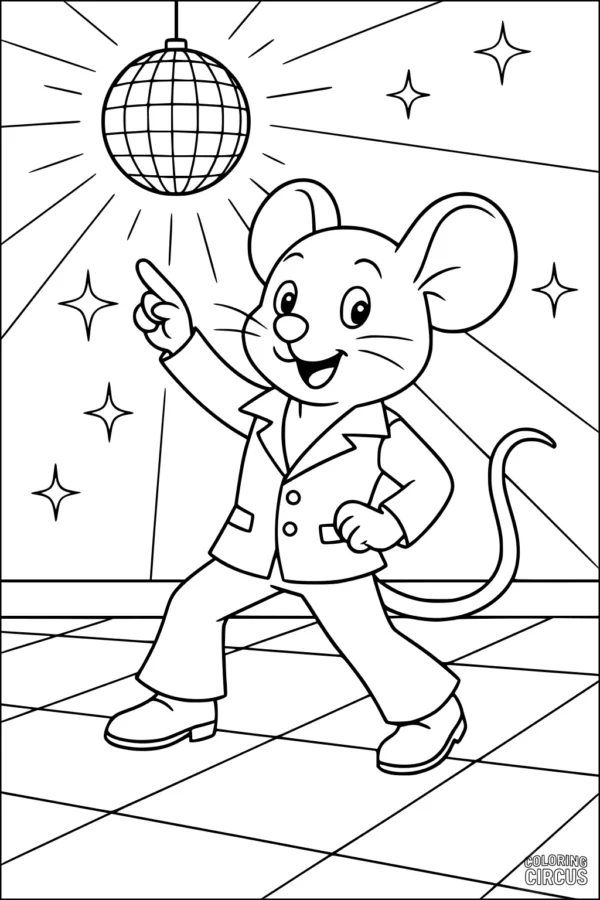 Coloring page happy cartoon mouse dancing under disco ball with stars