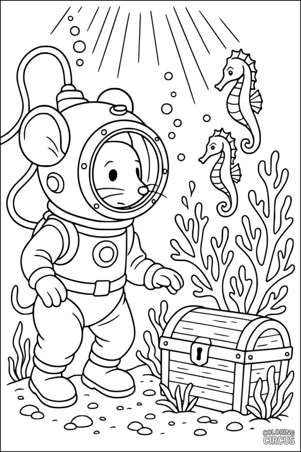 Coloring page with a mouse in a diving suit, treasure chest, seaweed, and seahorses underwater