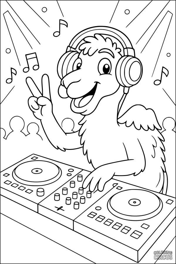 Coloring page of a cheerful cartoon camel DJ at turntables with music notes and crowd