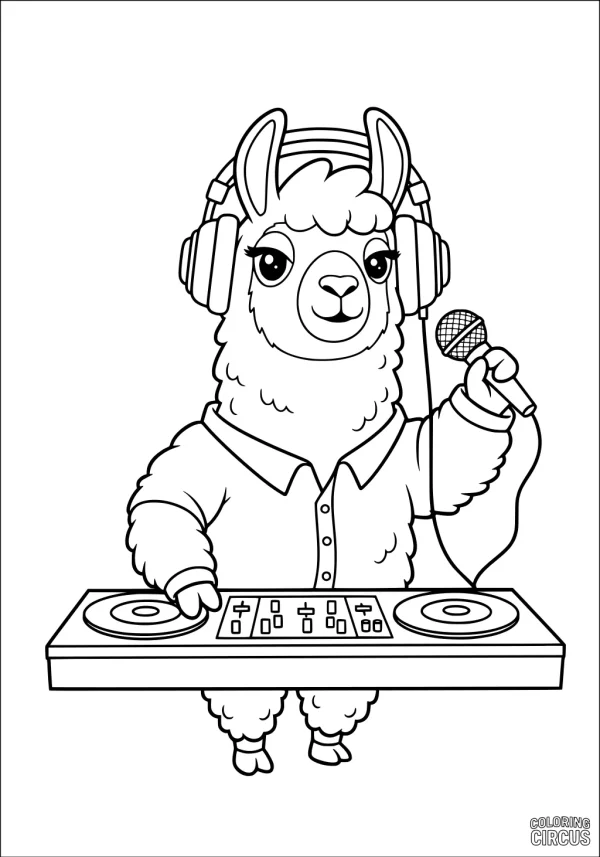 Coloring page featuring a cute llama as a DJ with headphones, microphone, and turntable