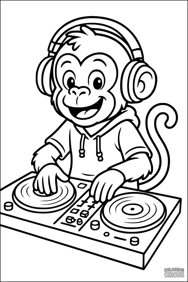 Coloring page featuring a cartoon monkey as a DJ with headphones and a turntable