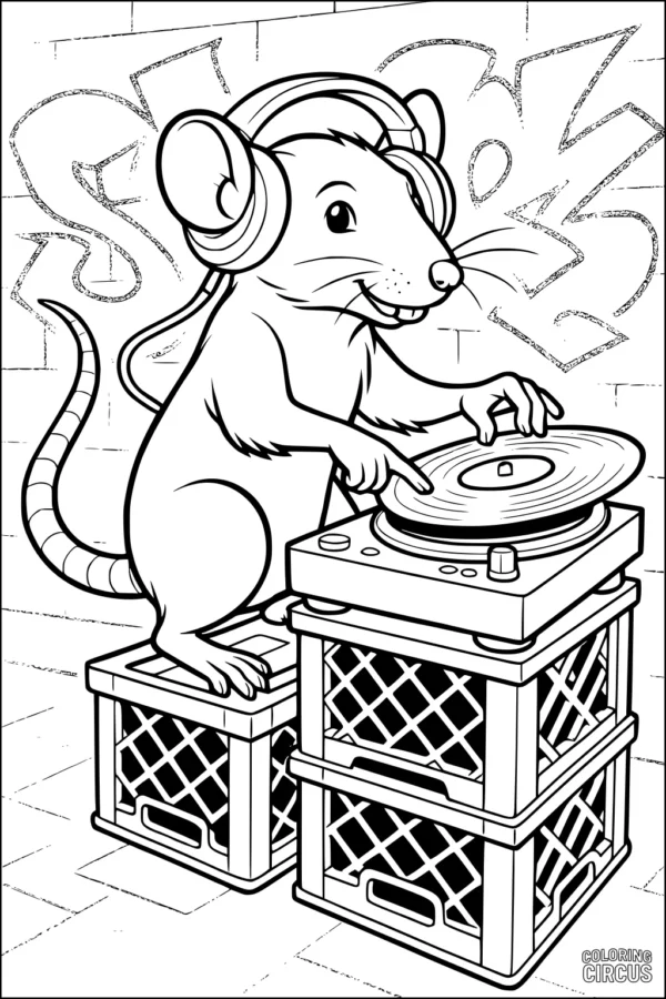 Coloring page of a cheerful rat DJ with headphones spinning records on a turntable against a graffiti wall