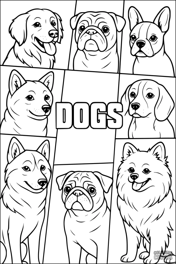 Coloring page with eight cute dog breed faces, each in its own box, ready to be colored.