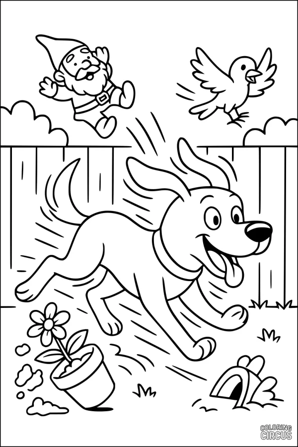 Coloring page of a playful dog running through a backyard with a surprised gnome, flower pot, bird, and small doghouse.
