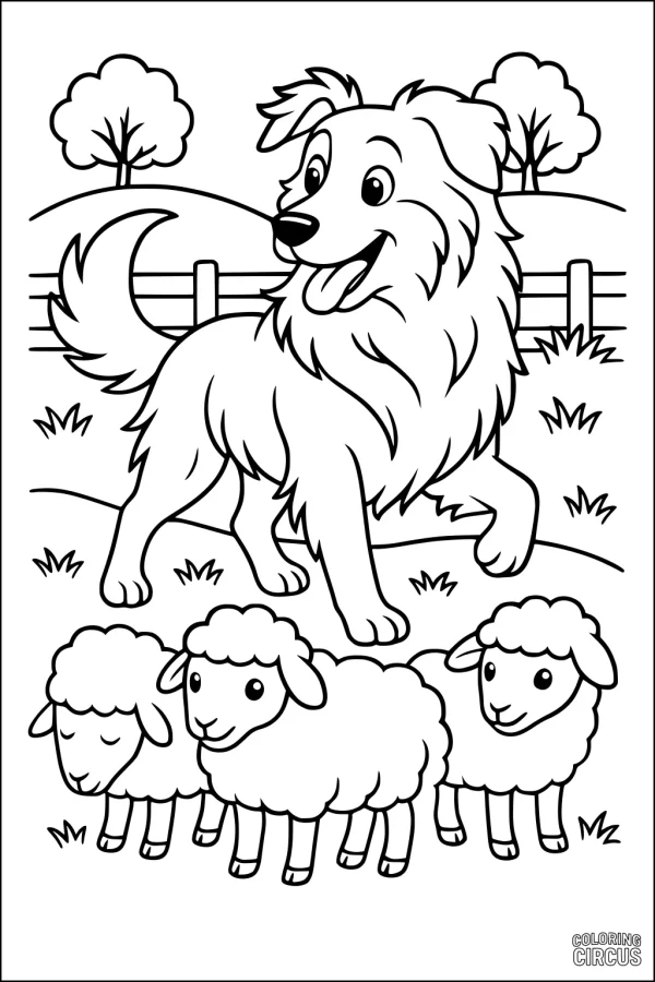 Coloring page showing a happy dog herding three sheep in a grassy field with trees and a fence in the background