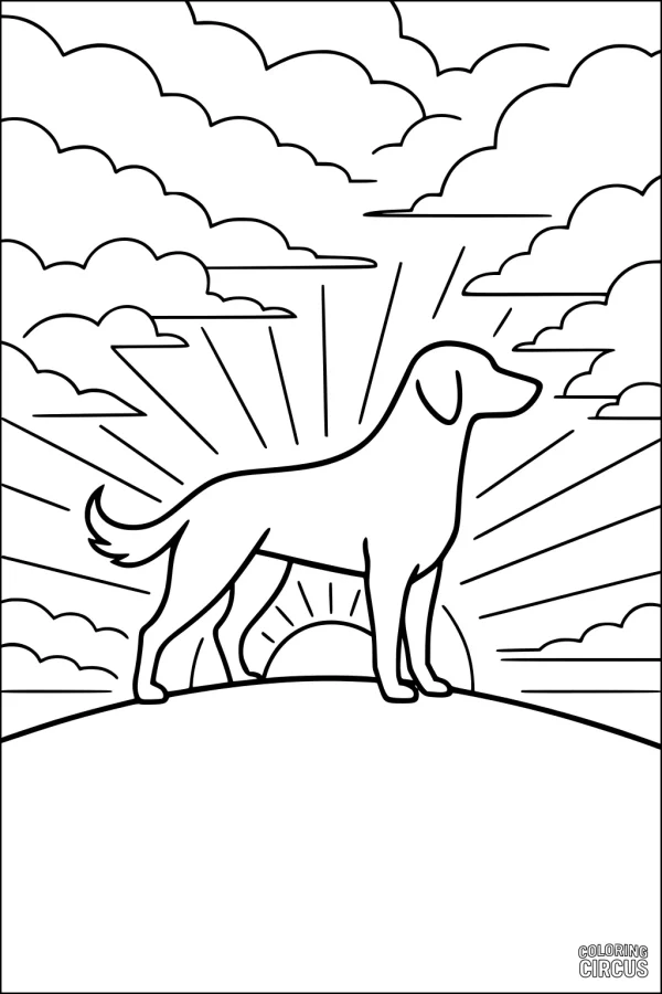 Coloring page featuring a standing dog on a hill at sunrise with clouds and sun rays in the background
