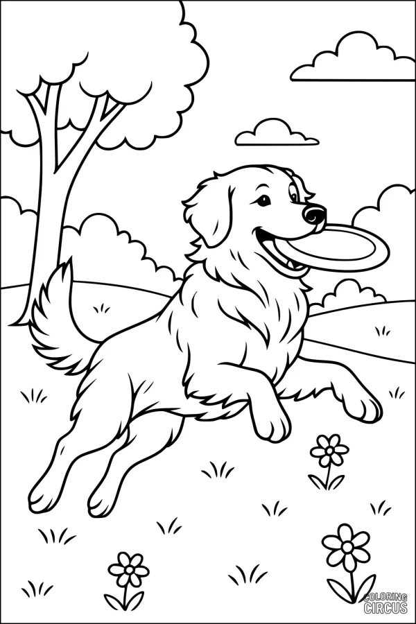 Coloring page of a playful dog catching a frisbee in a grassy park with flowers and trees