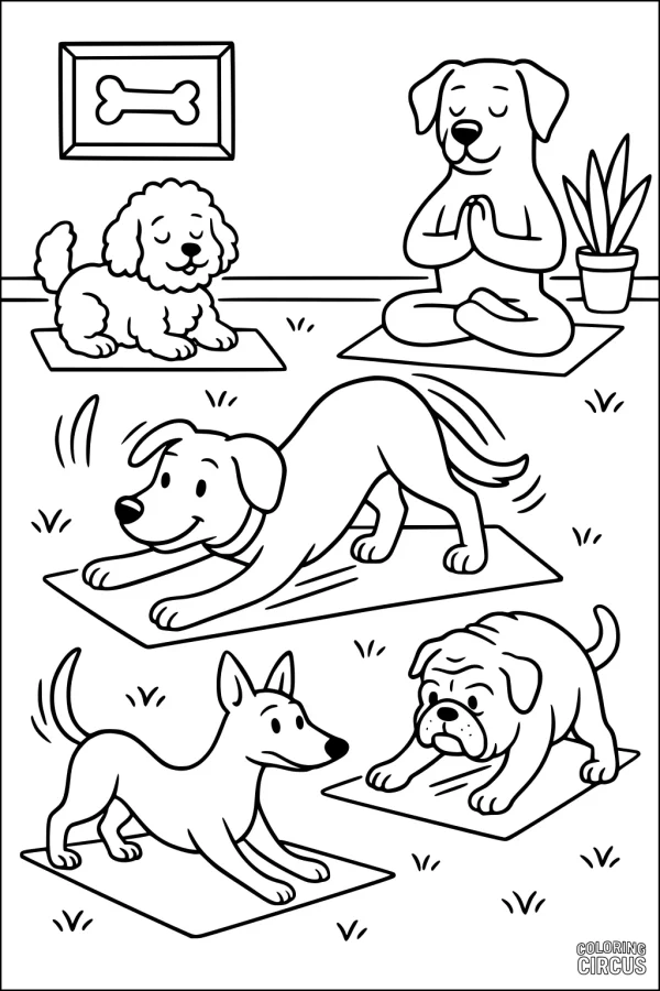 Coloring page featuring five cartoon dogs practicing yoga poses on mats inside a room