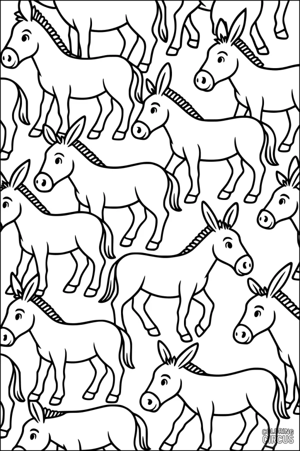 Coloring page features a repeating pattern of cheerful donkeys, perfect for kids.