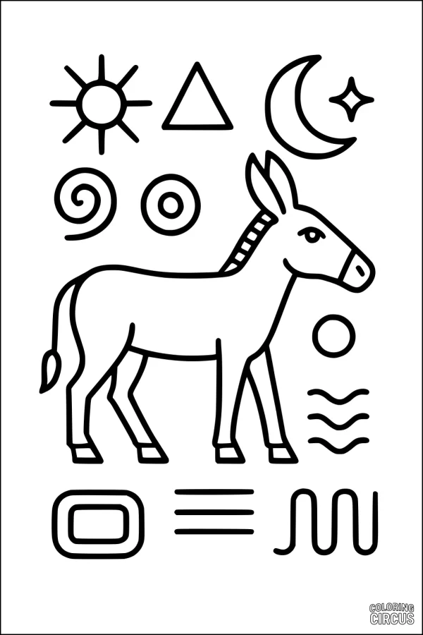 Coloring page featuring a friendly donkey surrounded by abstract shapes and nature symbols, ideal for young kids.