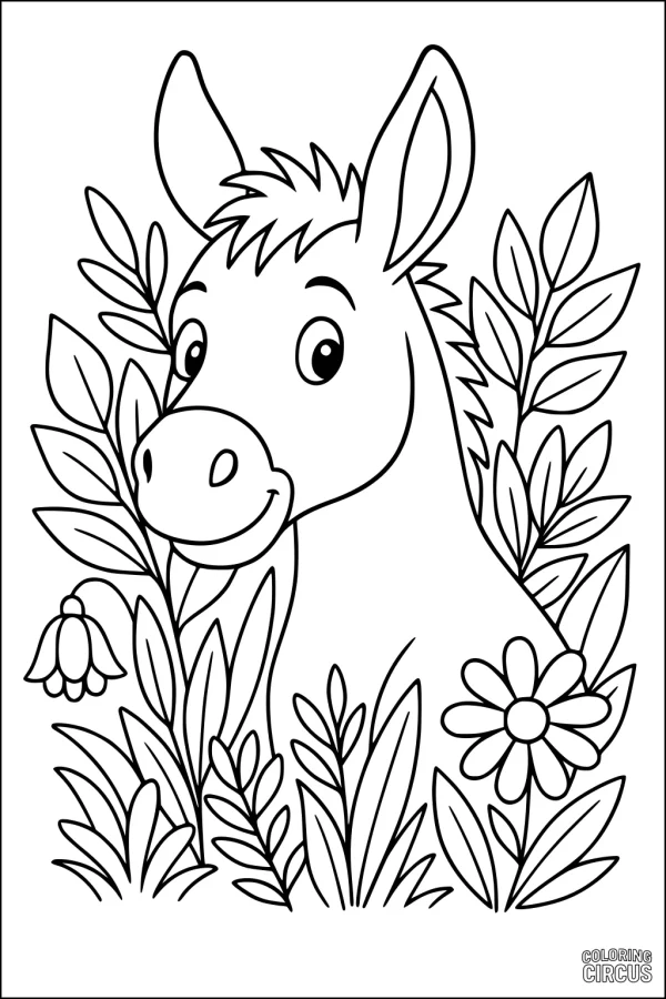 Coloring page donkey smiling in a garden with flowers and leaves for kids