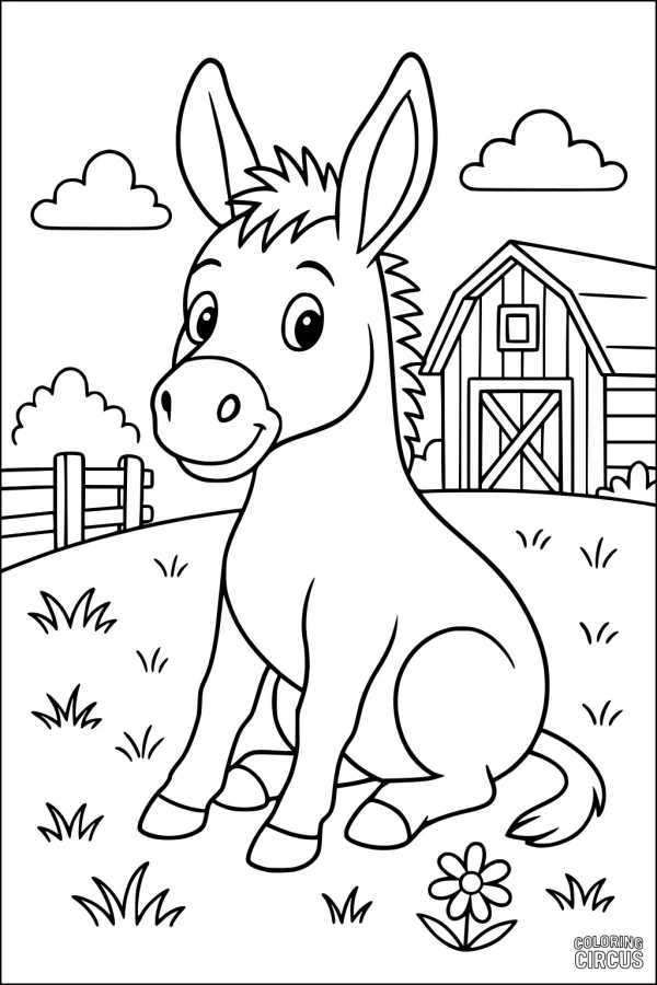 Coloring page of a cute donkey sitting in a grassy farm field with barn and clouds