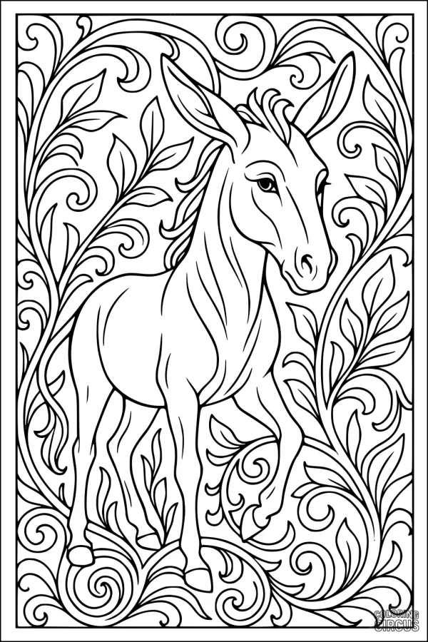 Coloring page showing a donkey surrounded by intricate swirling floral patterns