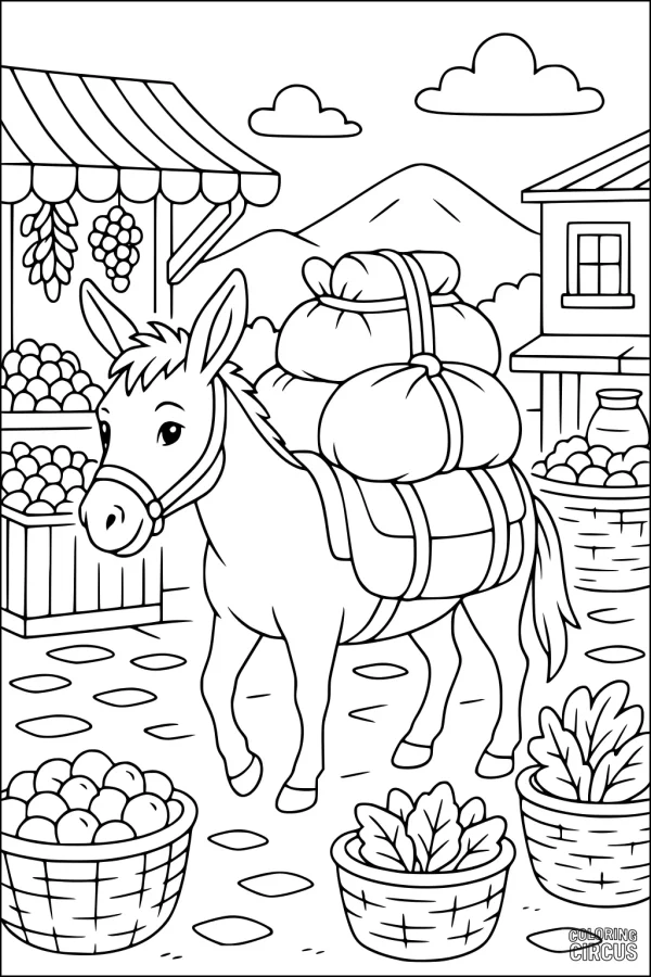 Coloring page with a donkey carrying goods in a village market, surrounded by fruit baskets and stalls
