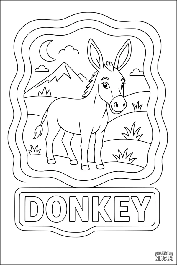 Coloring page showing a cute donkey in a grassy meadow with mountains, moon, and clouds in the background.