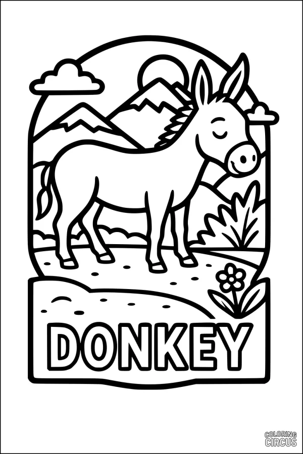 Coloring page featuring a smiling donkey in a meadow with mountains, sun, and flowers