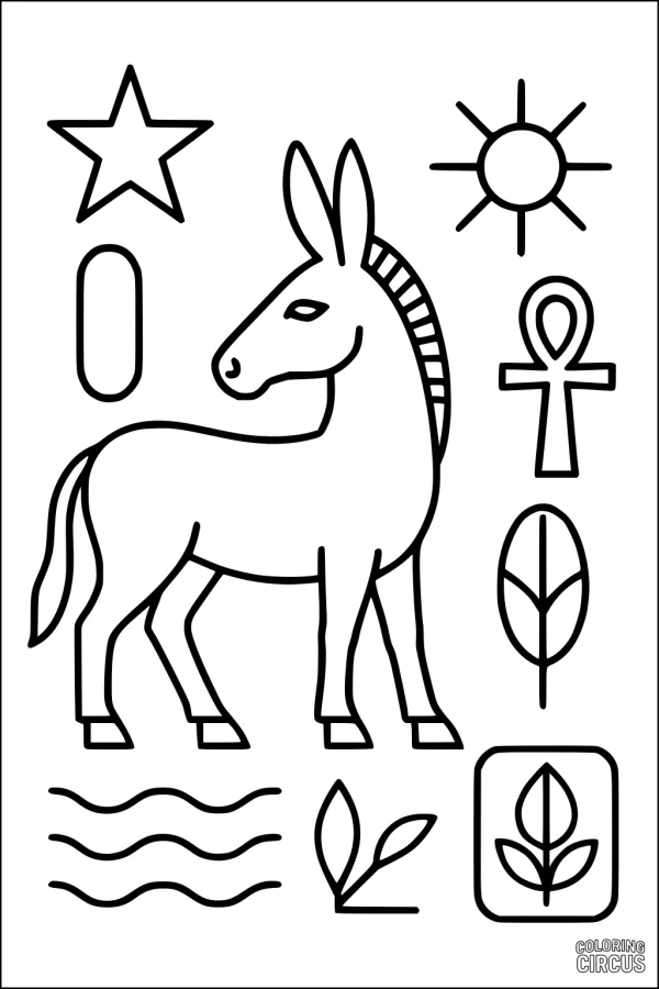 Coloring page with donkey and simple nature-inspired symbols for kids