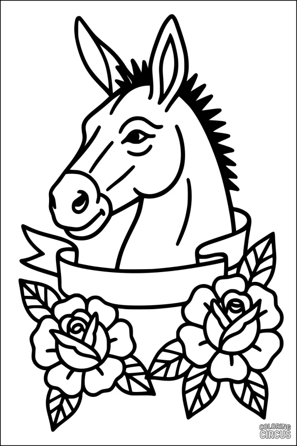 Coloring page of a friendly donkey head surrounded by roses and a ribbon banner, simple background.