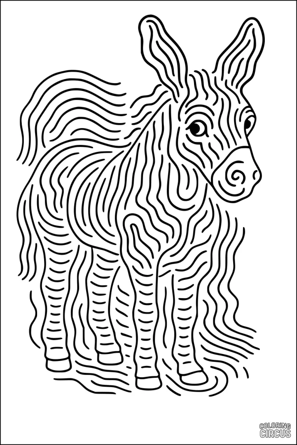 Coloring page featuring a whimsical donkey with wavy line patterns, suitable for children